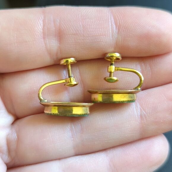 12K Gold Plated Jade Screw Earrings - Picture 3 of 5